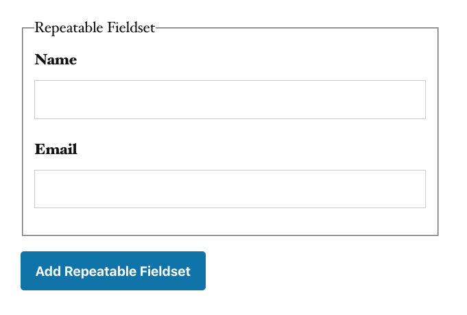 Repeatable field containing a Name and Email field on a page.