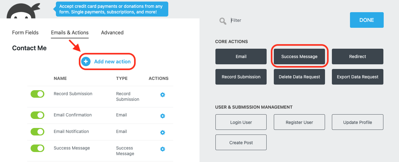 image of the Emails and Actions tab of the form builder with Add New action and the success message action highlighted within the actions window