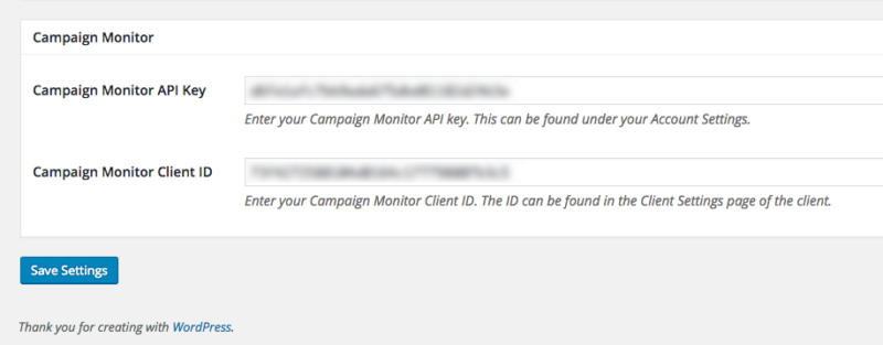 Campaign Monitor API settings in WordPress