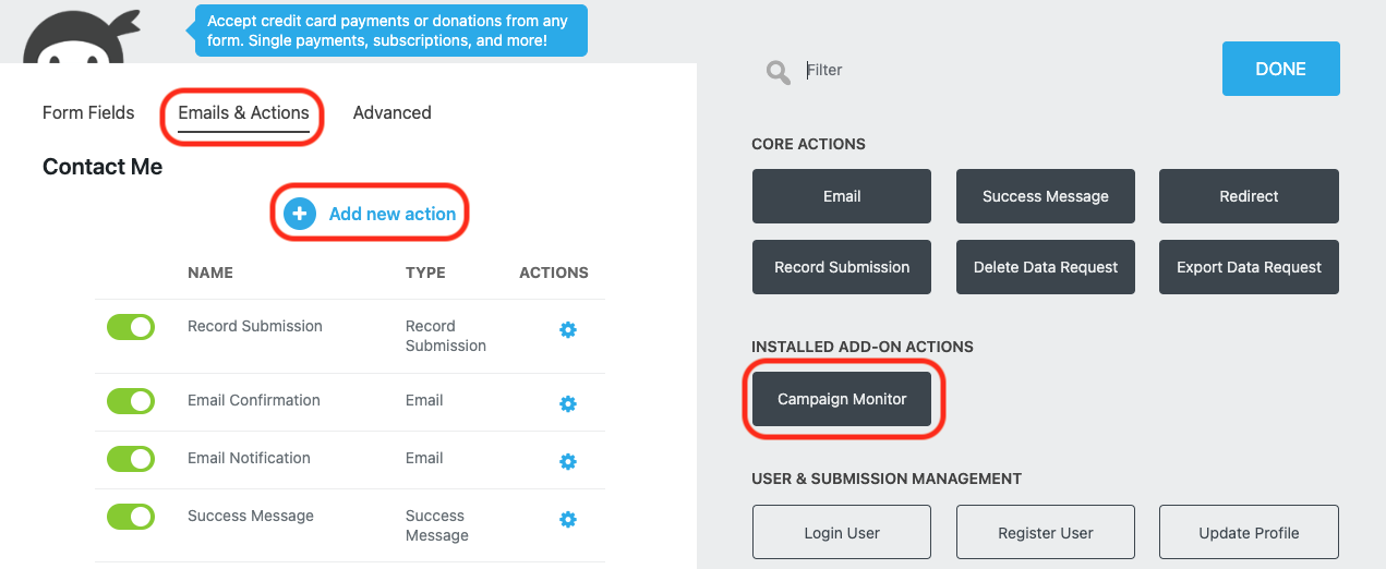 image of the Emails and Actions tab of the form builder with Add New action and the campaign monitor action highlighted within the actions window
