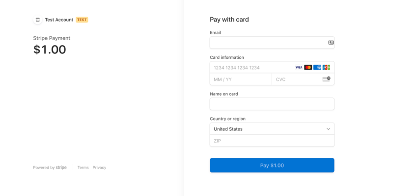 image of window for testing Stripe payment processing