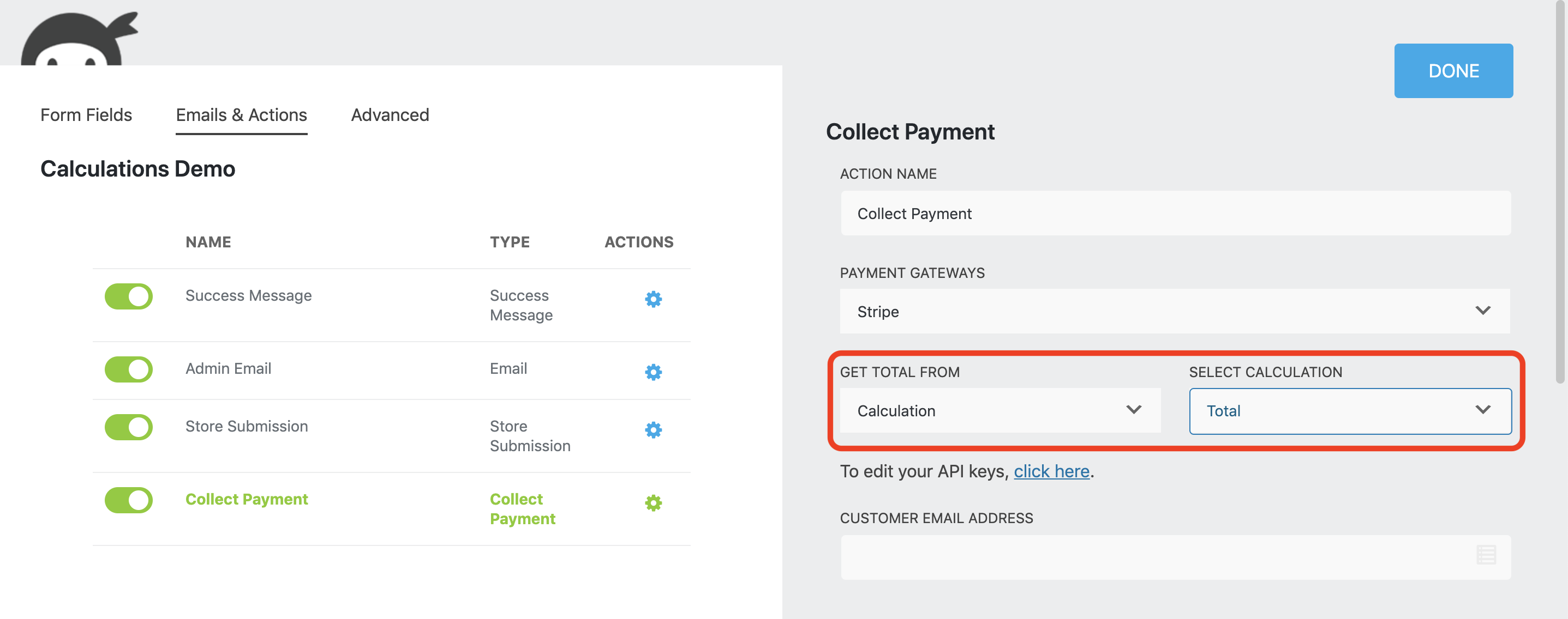get total from setting in collect payment action