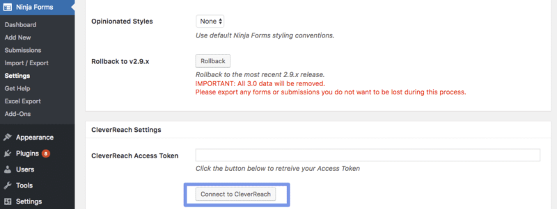 connect to cleverreach button in wordpress