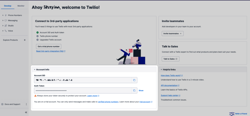 Image of the Twilio account screen on the account info section