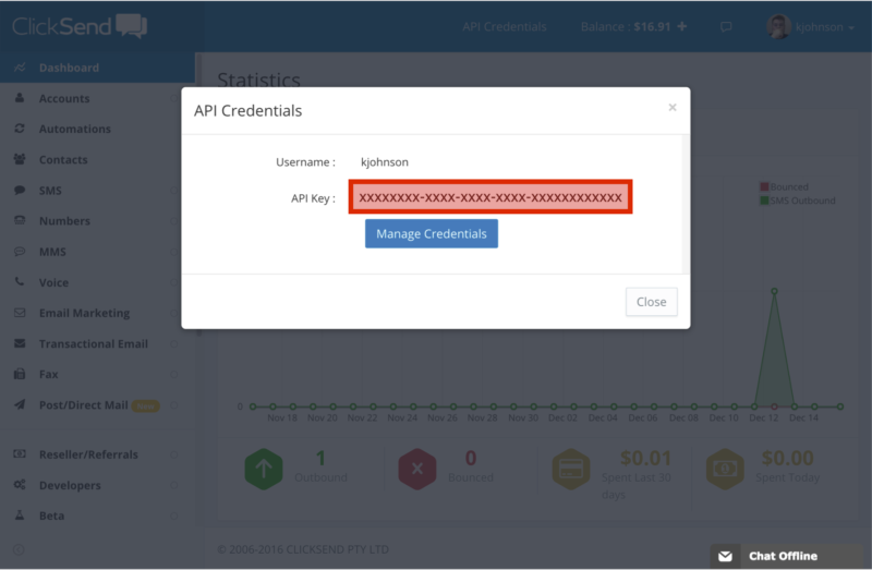 image of the click send account dashboard with api key highlighted