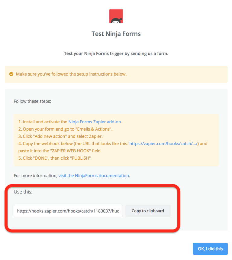 ninja forms video response zapier webhook url in zapier account