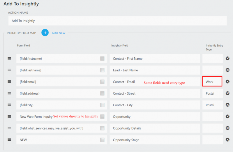 image of ninja forms settings mapping form fields to insightly crm fields