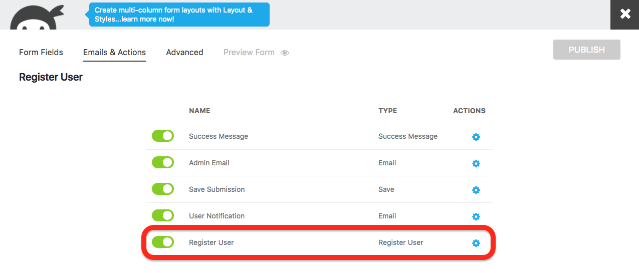 user management register user action in the emails and actions tab