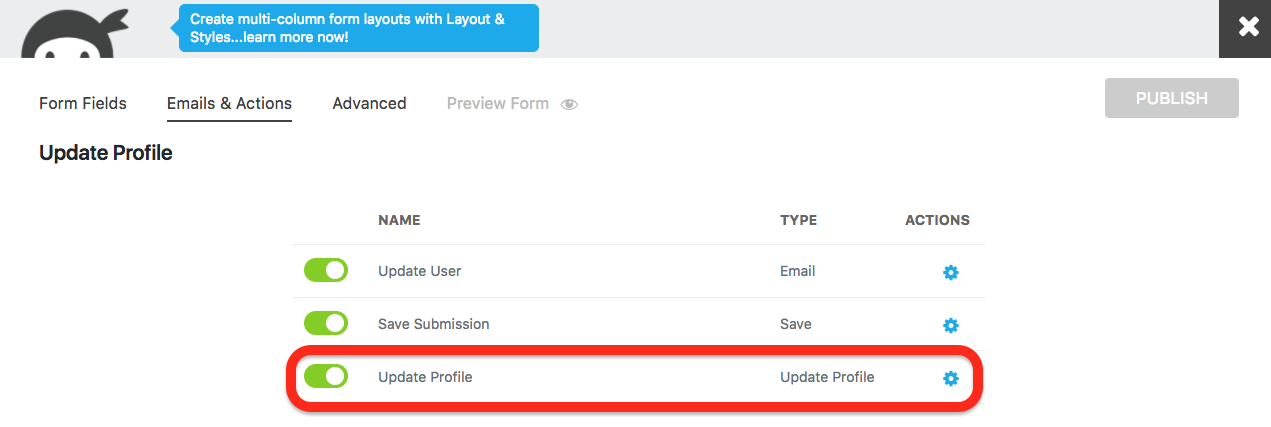 update user profile action under the emails and actions tab