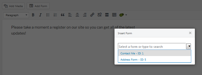shortcode selection box for adding a wordpress popup form with ninja forms