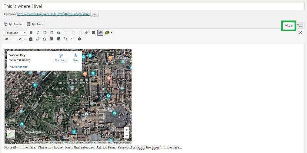google maps displayed in the WordPress post editor