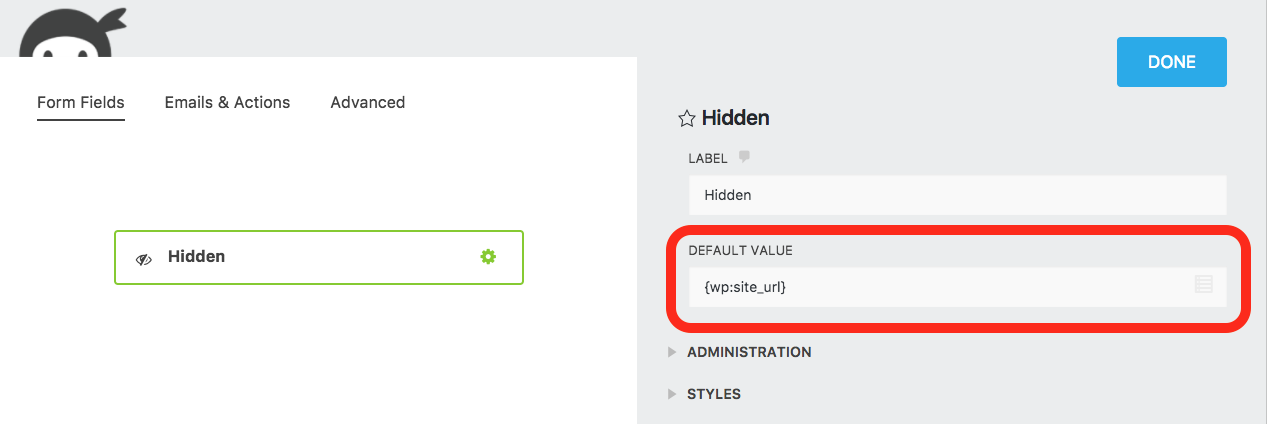 Add the site URL via merge tag to the Hidden field of your WordPress form.
