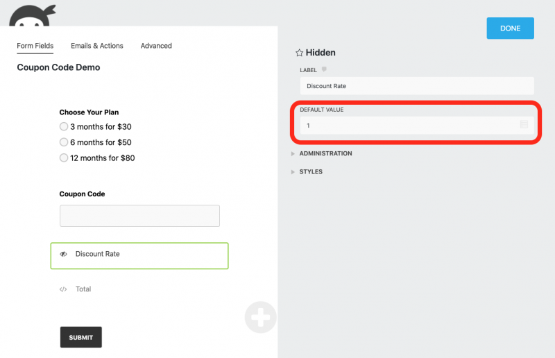 discount rate field for ninja forms coupon codes with default value set to 1