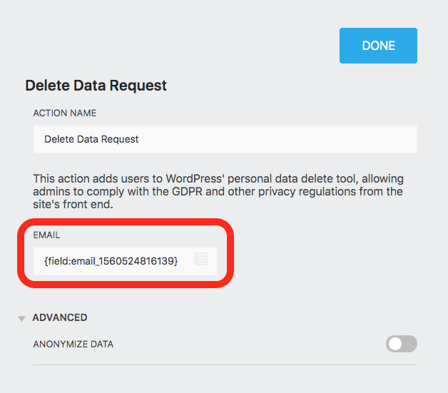 image of the Delete Data Request settings window with the setting highlighted that selects an email field on the form