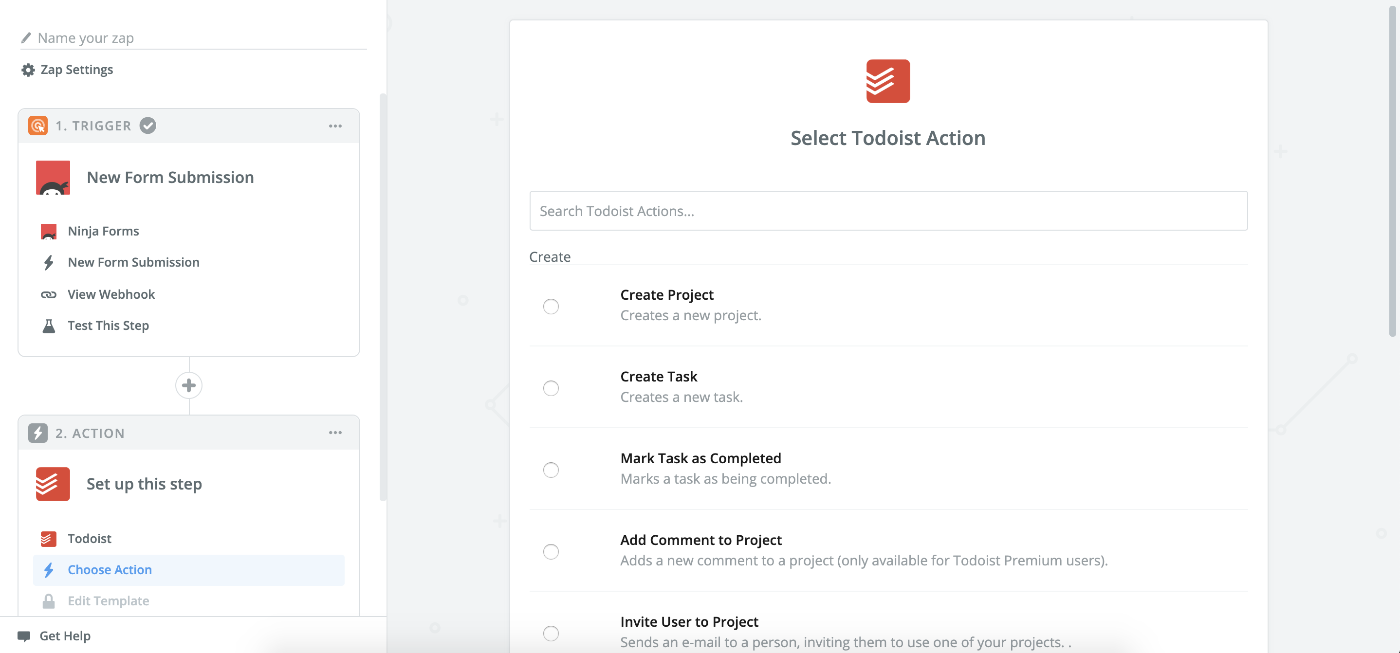 image of options to update todoist within zapier