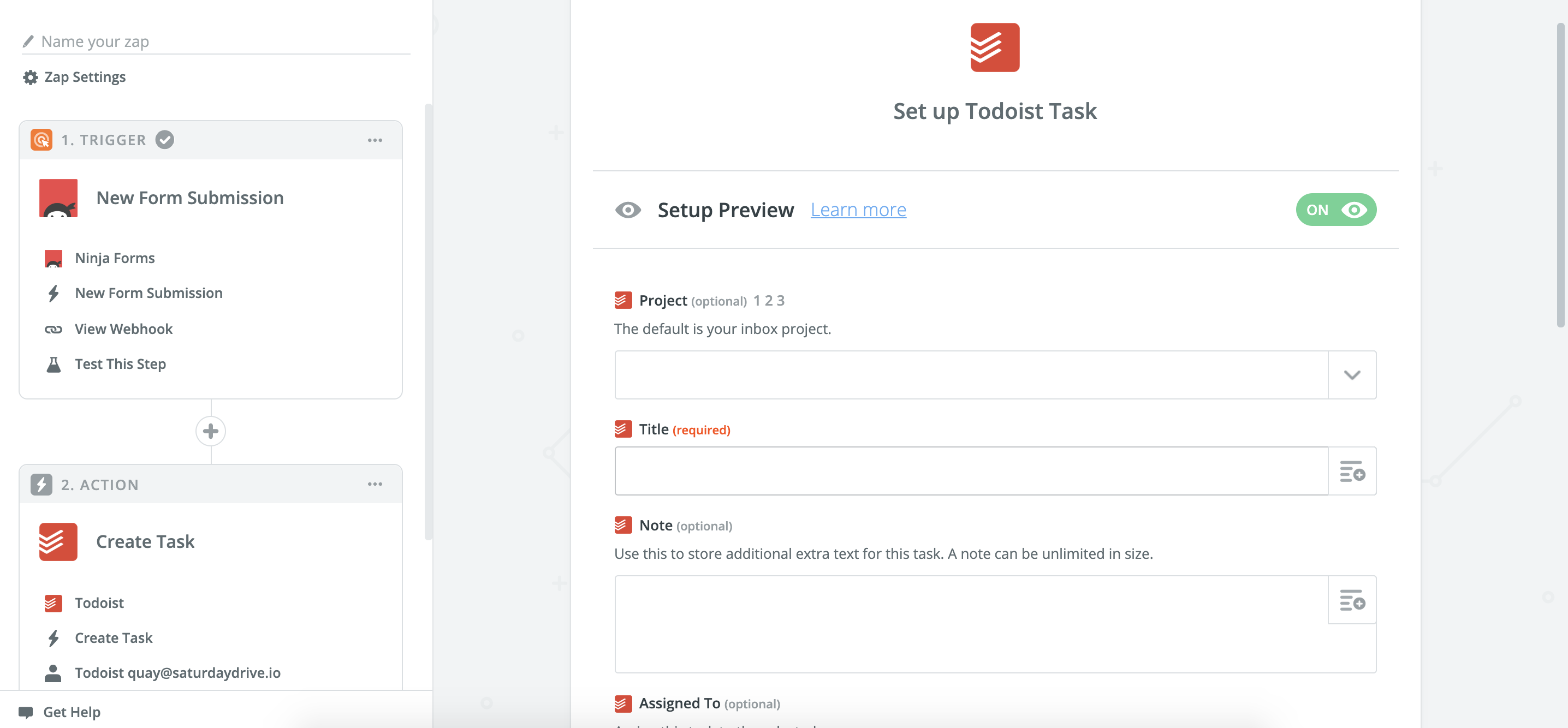 image of options for which information form individual form fields can be passed into to create a new task in todoist