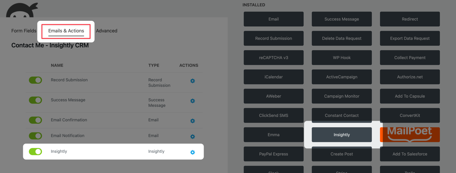 Insightly CRM action for Ninja Forms