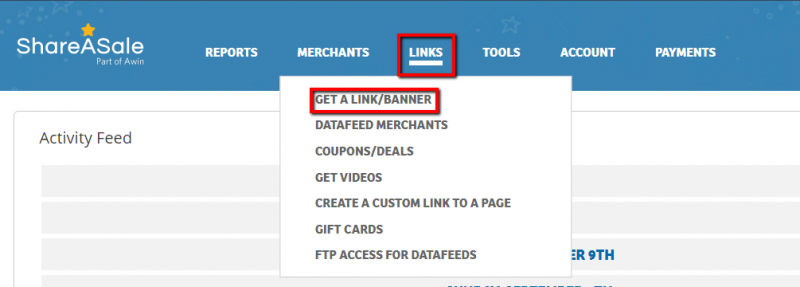 screenshot showing the Links > Get A Link / Banner menu on Shareasale