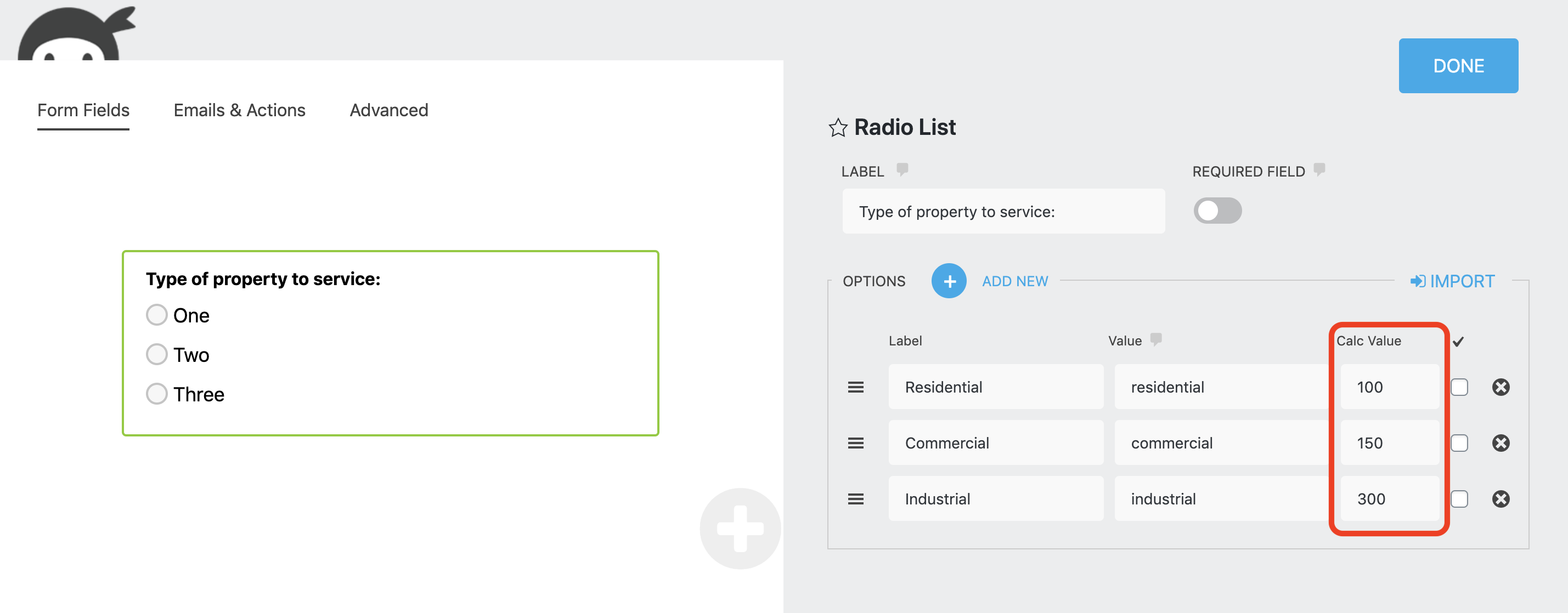 calc value settings in a radio field thatv allow for different prices to be assigned to specific options for the request quote form for wordpress