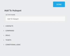 groups of HubSpot fields: Companies, Contacts, Deals, and Tickets