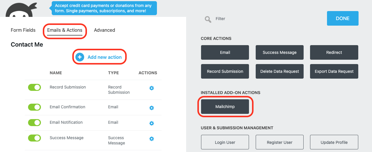 image of the Emails and Actions tab of the form builder with Add New action and the mailchimp action highlighted within the actions window