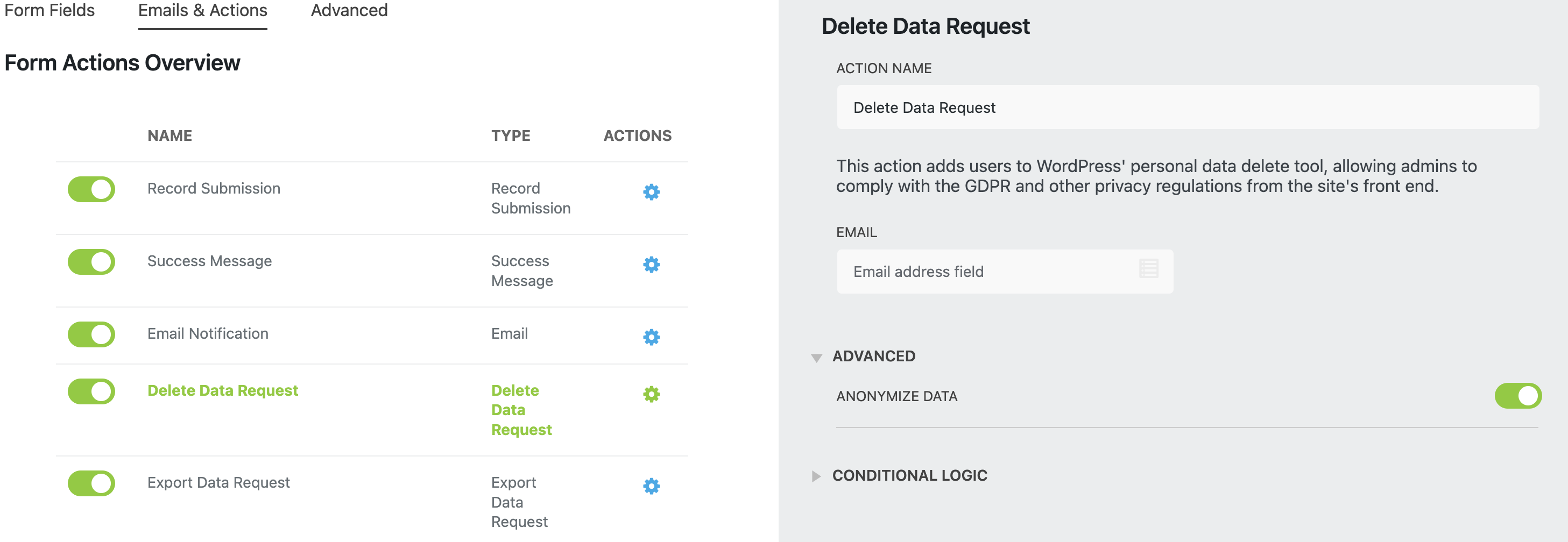 delete data request form action gdpr compliant