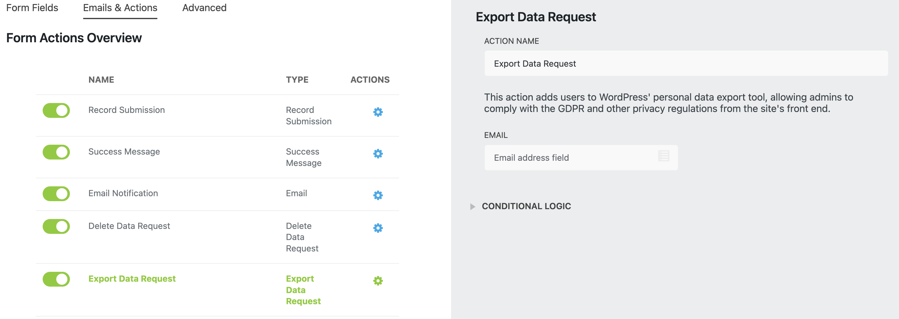 export data request form action