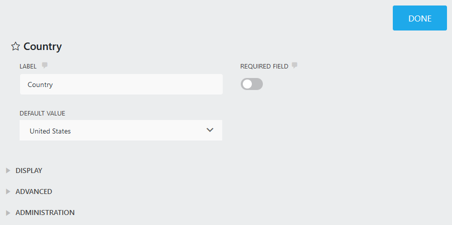 Country select field. Users can select their country from a pre-populated list.