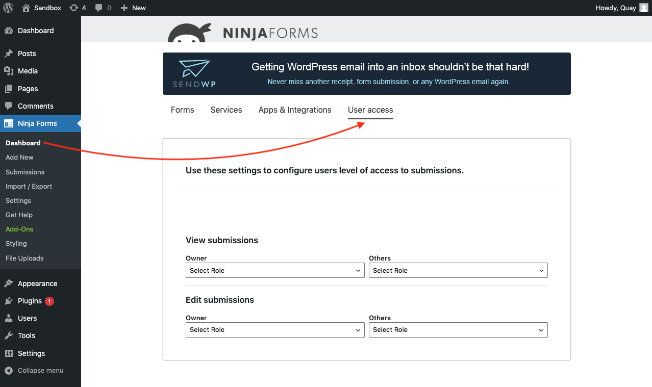 the user access tab, located in the ninja forms dashboard, contains all features that will allow users to edit wordpress form submissions