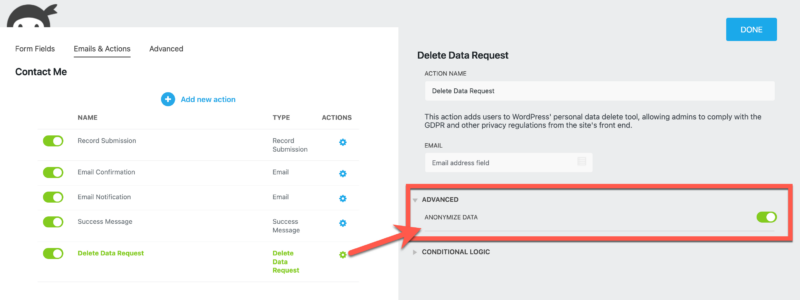 Anonymize data with the Delete Request action