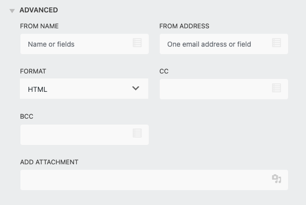 image of the advanced settings for an email action with dev mode enabled; additional options are present