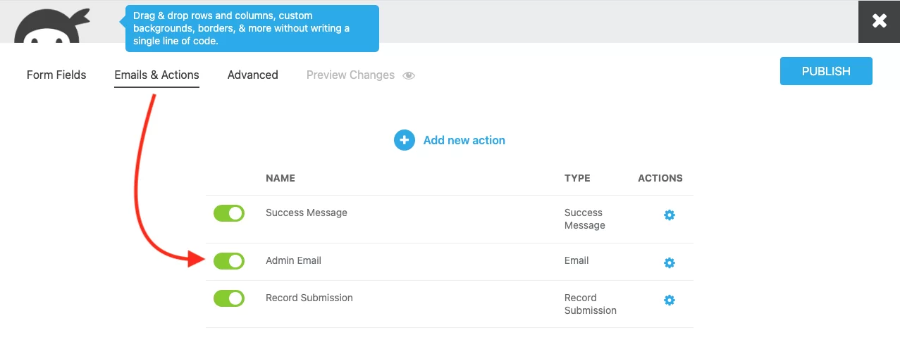 image of an active email action named Admin Email on the Emails & Actions tab of the Ninja Forms builder