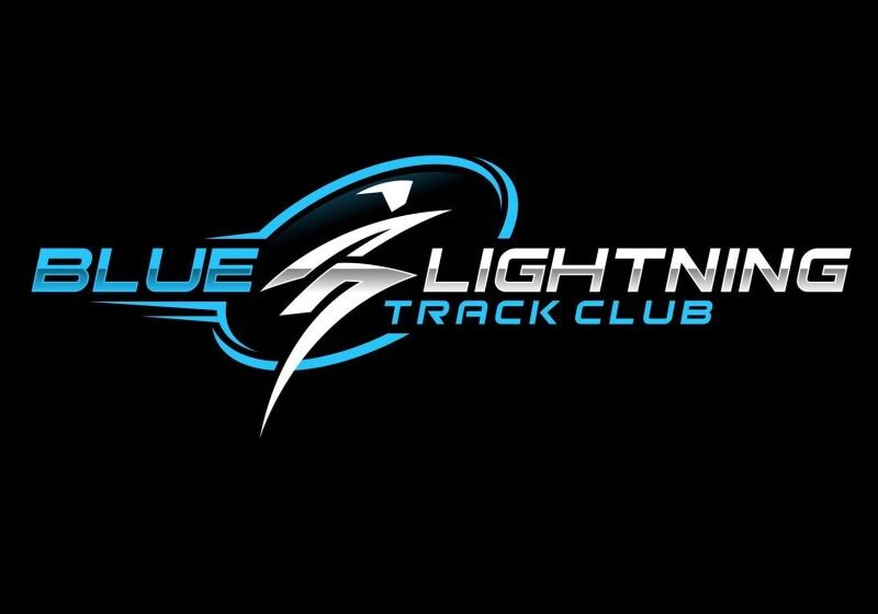 blue lightning track club logo lightning bolt inside circle with text blue lightning