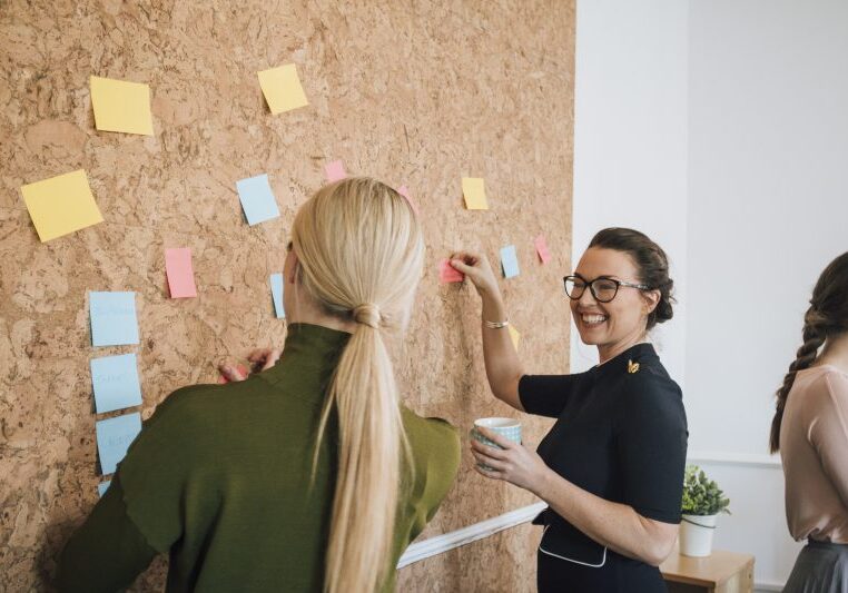 Two women are at work in an office. They are standing at a cork board and are having a discussion as they pin things up.