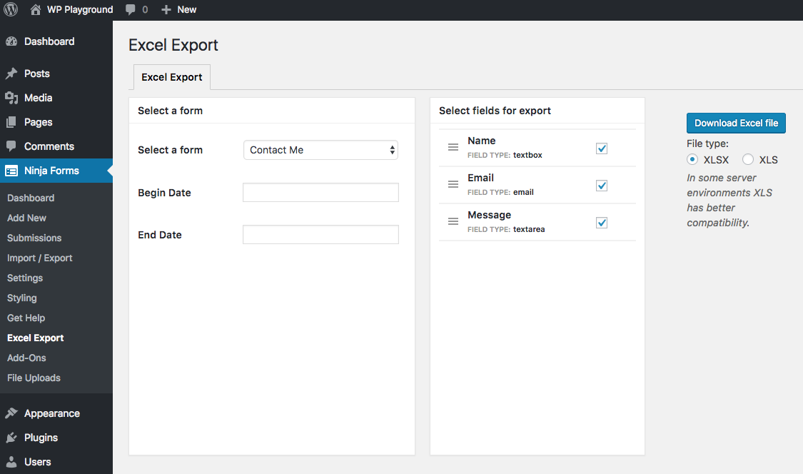 Excel Export settings menu