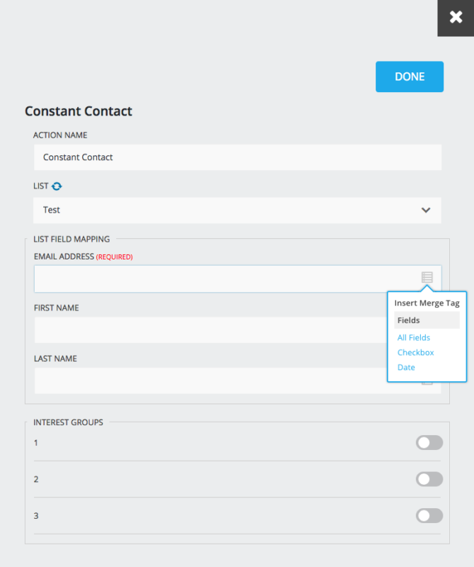 constant contact ninja forms signup action