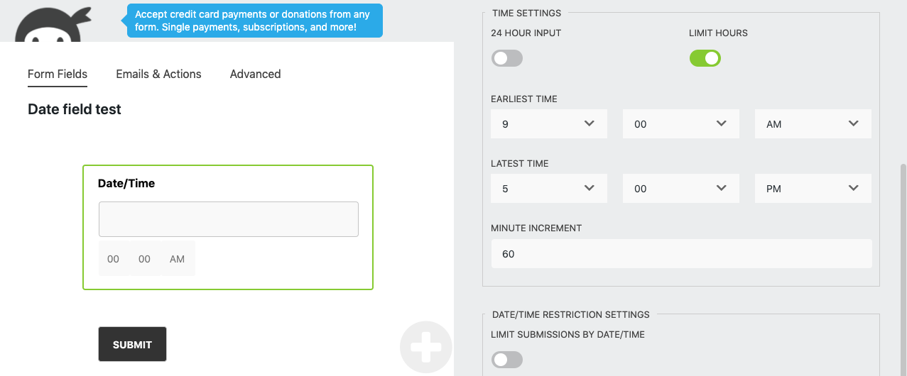 advanced datepicker field's time range selection features