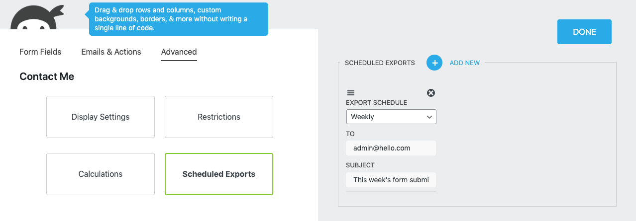 Scheduled Submissions export settings view