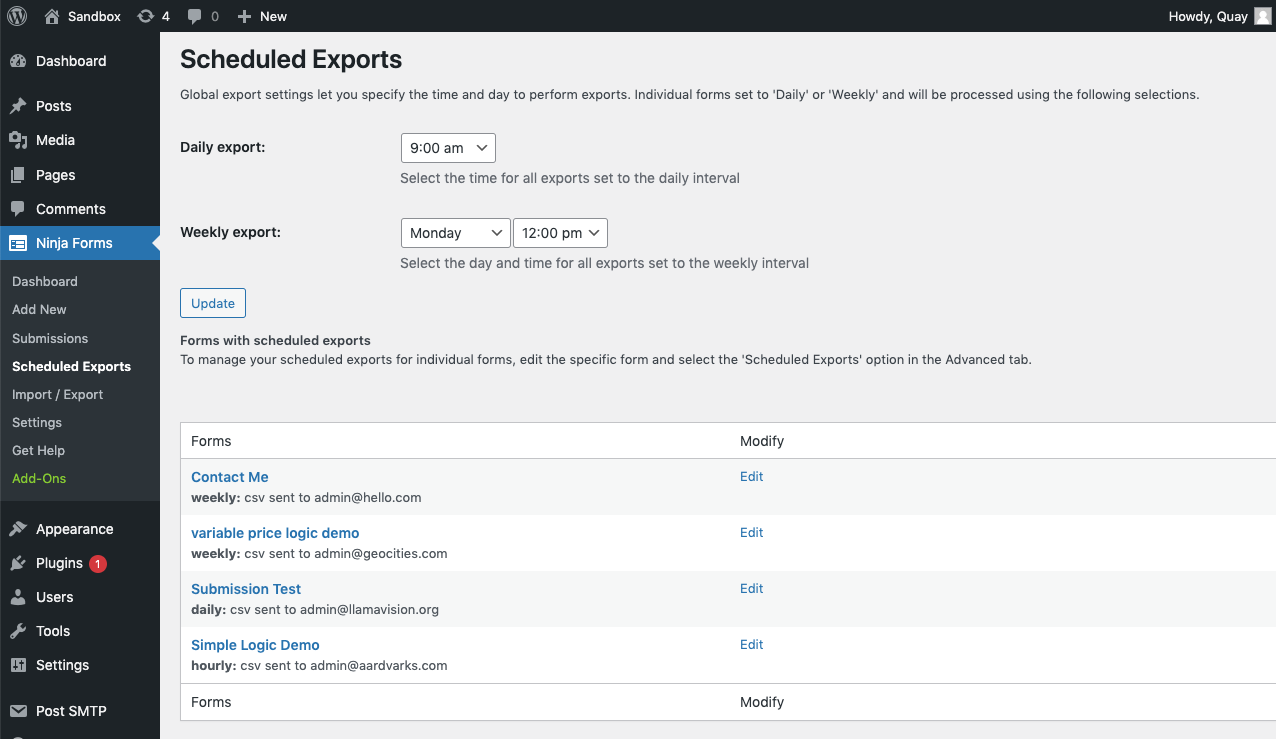 main export management page