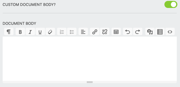 the rich text editor for the document body resembles the wordpress post editor and can be used to organize the document as a fillable pdf