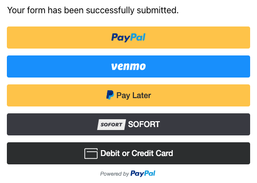 Imagen del widget de pago de PayPal que se abre después del envío del formulario cuando se utiliza el complemento WordPress Paypal. En la imagen se muestran las opciones estándar de paypal, venmo, pago posterior, redireccionamiento bancario sofort y crédito de paypal.